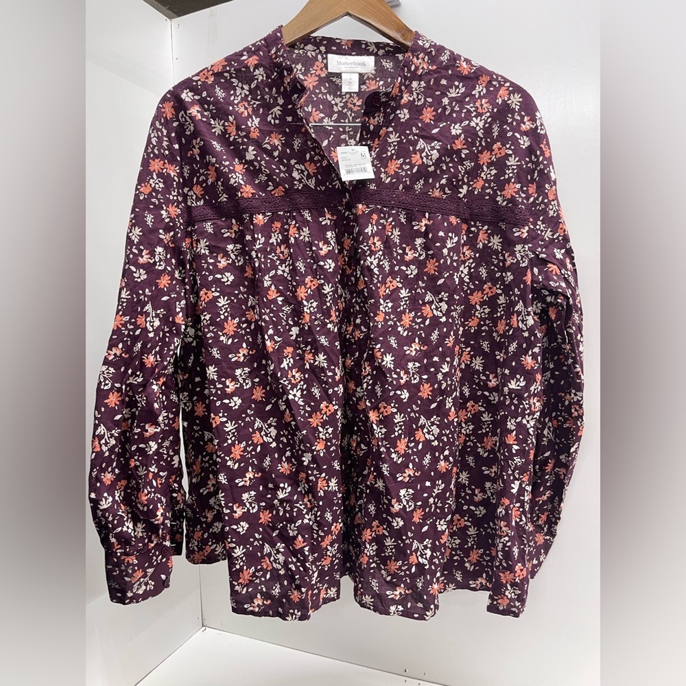 Motherhood Plum Floral Button-Front‎ Blouse with Coral and Cream Accents